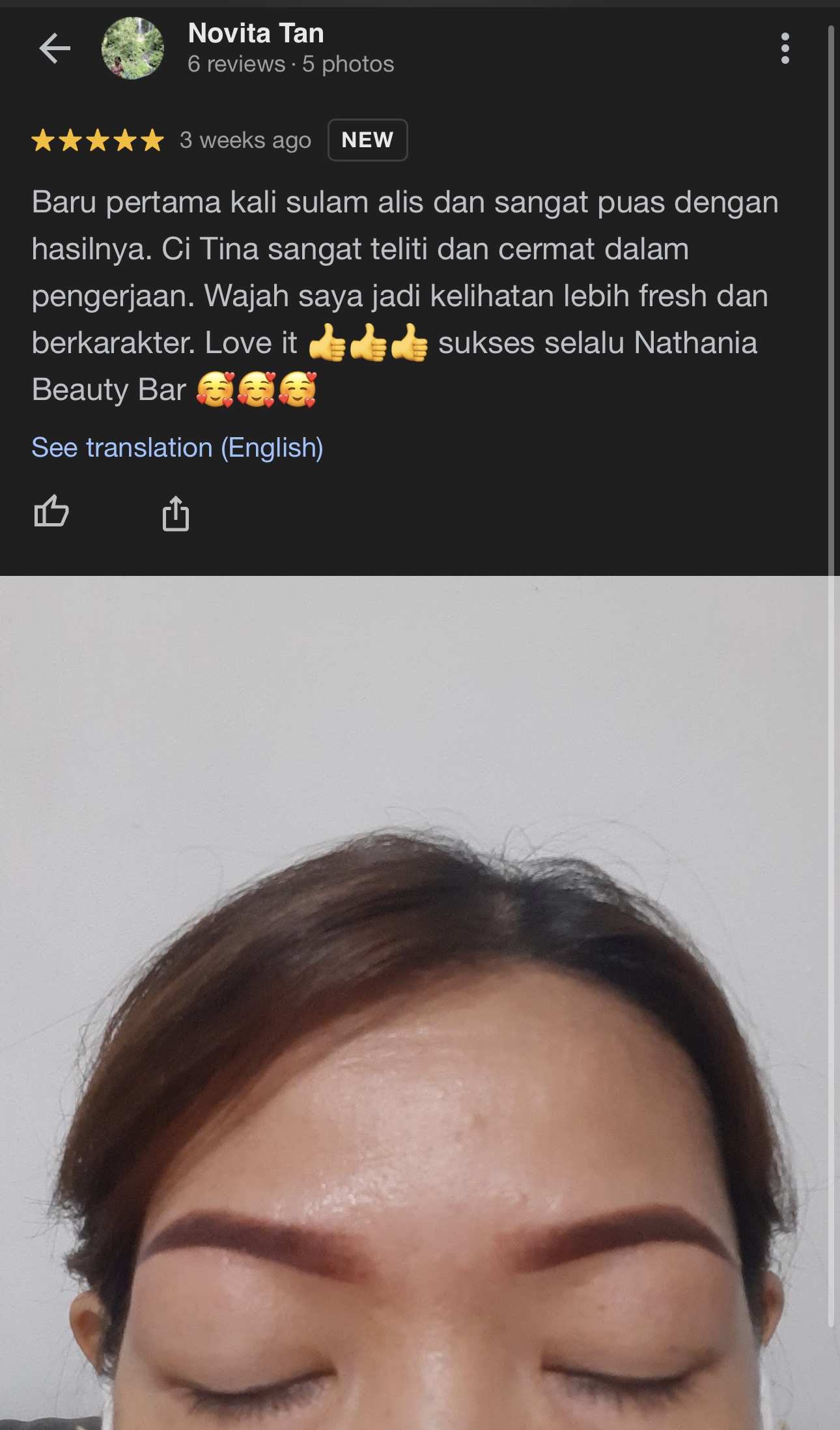 Ulasan Google dari klien sulam alis Nathania Beauty Bar